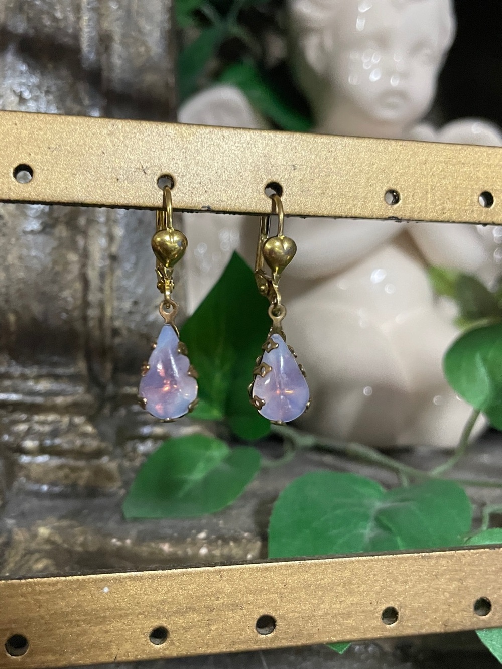 Gold Teardrop Opal Dangle Earrings - Pink Opalescent